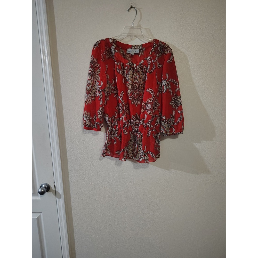 Samantha Grey Red Paisley Medallion Peplum Blouse 3/4 Sleeve Size 10